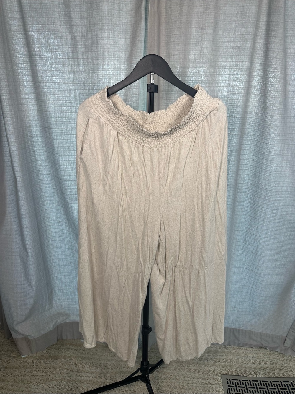 Smocked-Waist Wide Leg Pants in Light Beige